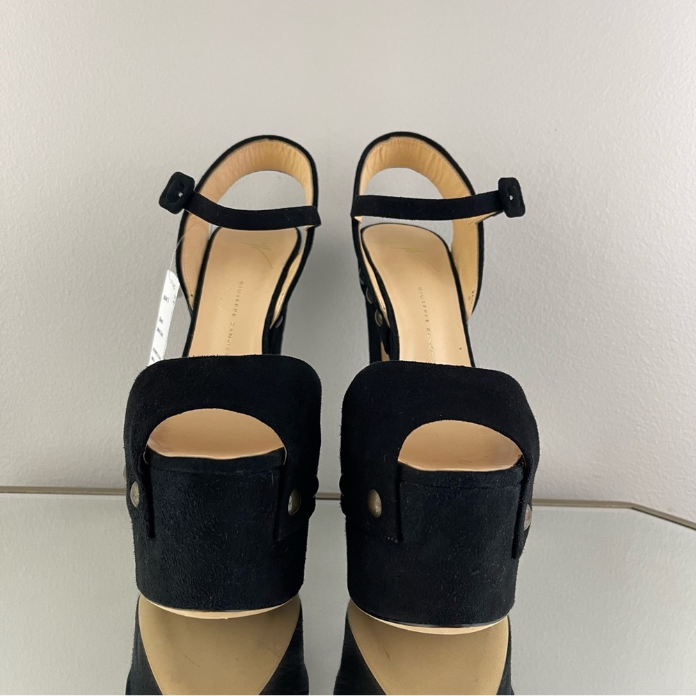 GIUSEPPE ZANOTTI Black Suede Brass Stud Betty Alien Platform Peep Toe Heels - Picture 7 of 14